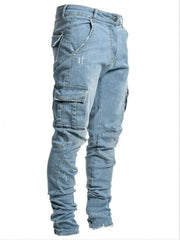 Cargo Pocket Patchwork Denim Fitted Jeans