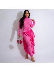 Patchwork Ruched Lace Jumpsuits And Skirts Sets