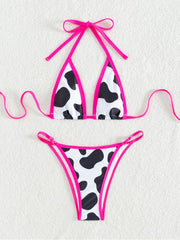 Colorblock Cow Pattern Backless Bikinis