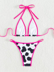 Colorblock Cow Pattern Backless Bikinis