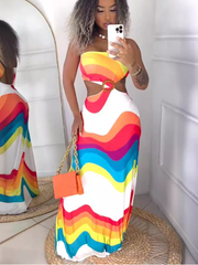 Colorblock Hollow Out Backless Maxi Dress