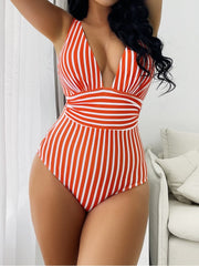 Striped V Neck Backless Monokinis One-Pecies Swimsuit