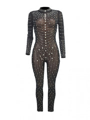Faux Pearl Rhinestones Perspective Jumpsuits
