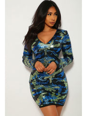 Camouflage Mid-rise Fitted Long Sleeves Dress