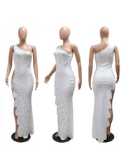 Hotfix Rhinestones Inclined Shoulder Dresses