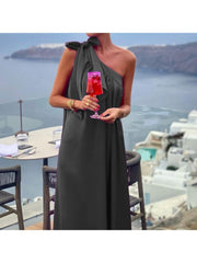 Solid Color Lace-Up Inclined Shoulder Maxi Dresses