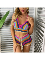 Colorblock Striped Knitted Bikinis Shorts Sets