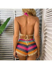 Colorblock Striped Knitted Bikinis Shorts Sets