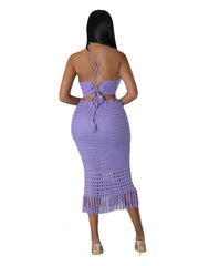 Tassel Fishnet Halter Backless Skirt Sets