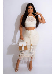 Tassel Fishnet Halter Backless Skirt Sets