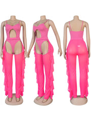 Hollow Out Ruffle Bodysuits Pants Sets