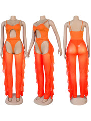 Hollow Out Ruffle Bodysuits Pants Sets