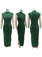 Colorblock Geometric Pattern Office Lady Sleeveless Dresses
