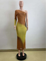 Gradient Colorblock One Shoulder Maxi Dress