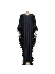 Patchwork Feather High Rise Long Sleeve Maxi Dress