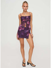 Print Lace Up Split Hem Spaghetti Straps Skirt Sets