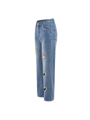 Colorblock Hotfix Rhinestones Zipper Jeans