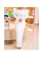Beading Feather Off Shoulder Long Sleeves Dress