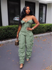 Single Breasted Strapless Cargo Jumpsuits