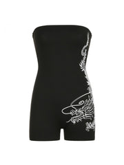 Dragon Pattern Print Strapless Bodycon Rompers