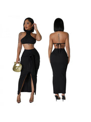 Patchwork Tie-wrap Backless Skirt Sets