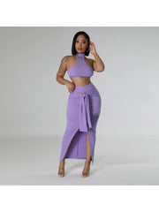 Patchwork Tie-wrap Backless Skirt Sets