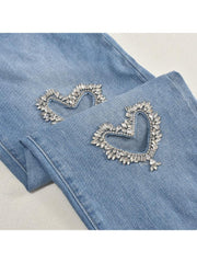 Cutouts Heart Rhinestones Denim Jeans