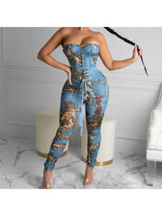 Tie-wrap Printed Strapless Jumpsuits