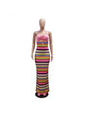 Colorblock Tie-wrap Backless Maxi Dresses