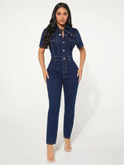 Short Sleeve Bodycon Single Breasted Denim Jumpsuits