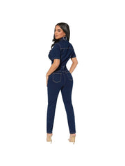 Short Sleeve Bodycon Single Breasted Denim Jumpsuits