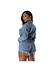 Ripped Fringe Long Sleeve Single Breasted Denim Rompers