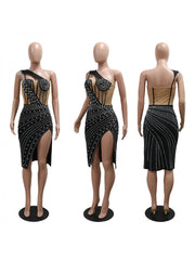 One Shoulder Rhinestones Midi Dress