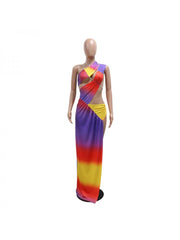 Colorblock Split Hem Backless Maxi Dresses