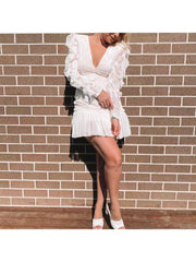 Embroidery Plunging Neckline Lace Long Sleeves Dress