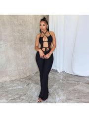 Lace Up Halter Backless Flared Jumpsuits