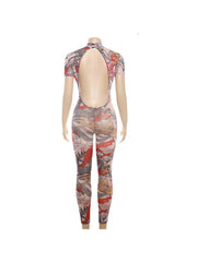 Tiger Printed See Through Backless Jumpsuits