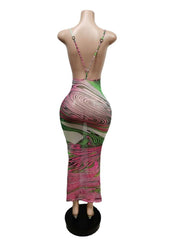 Colorblock See Through Backless Maxi Dress