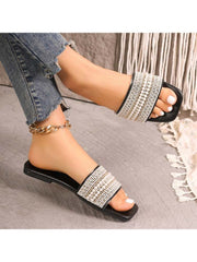 Faux Pearl Pure Color Square Toe Slippers