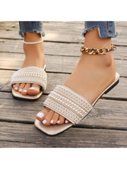 Faux Pearl Pure Color Square Toe Slippers