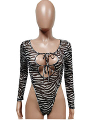 Zebra Cutouts Lace Up Bodysuits Pant Sets