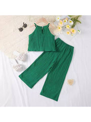 Solid Color Ruffle Spaghetti Straps Wide Leg Girl Clothing Sets