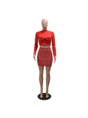 Hotfix Rhinestones Patchwork Long Sleeve Skirt Sets