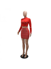 Hotfix Rhinestones Patchwork Long Sleeve Skirt Sets