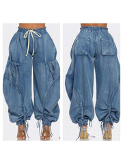 Bow Drawstring Lace-Up Denim Mid-rise Jeans