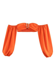 Patchwork Ruched Split Hem Lantern Sleeve Skirt Sets