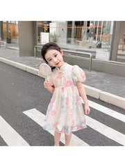 Bow Puff Sleeve Cotton Girl Dresses