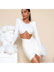 Solid Color Feather Ruched Cropped Skirt Sets