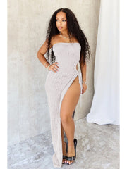 Ripped Perspective Side Slit Strapless Maxi Dress