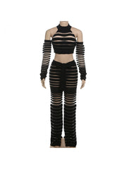 Striped See Through Cropped Pant Sets